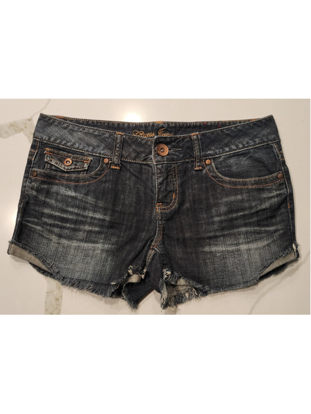 Guess Jeans Women’s Size 28 Dark Wash Distressed Denim Shorts Stretch Y2K